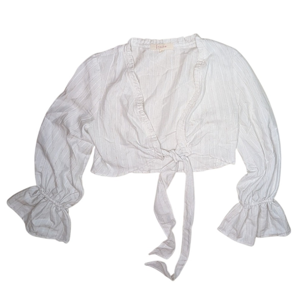 Fanco White Tie Front Top Blouse Linen Blend Striped Long Sleeve Size‎ Small